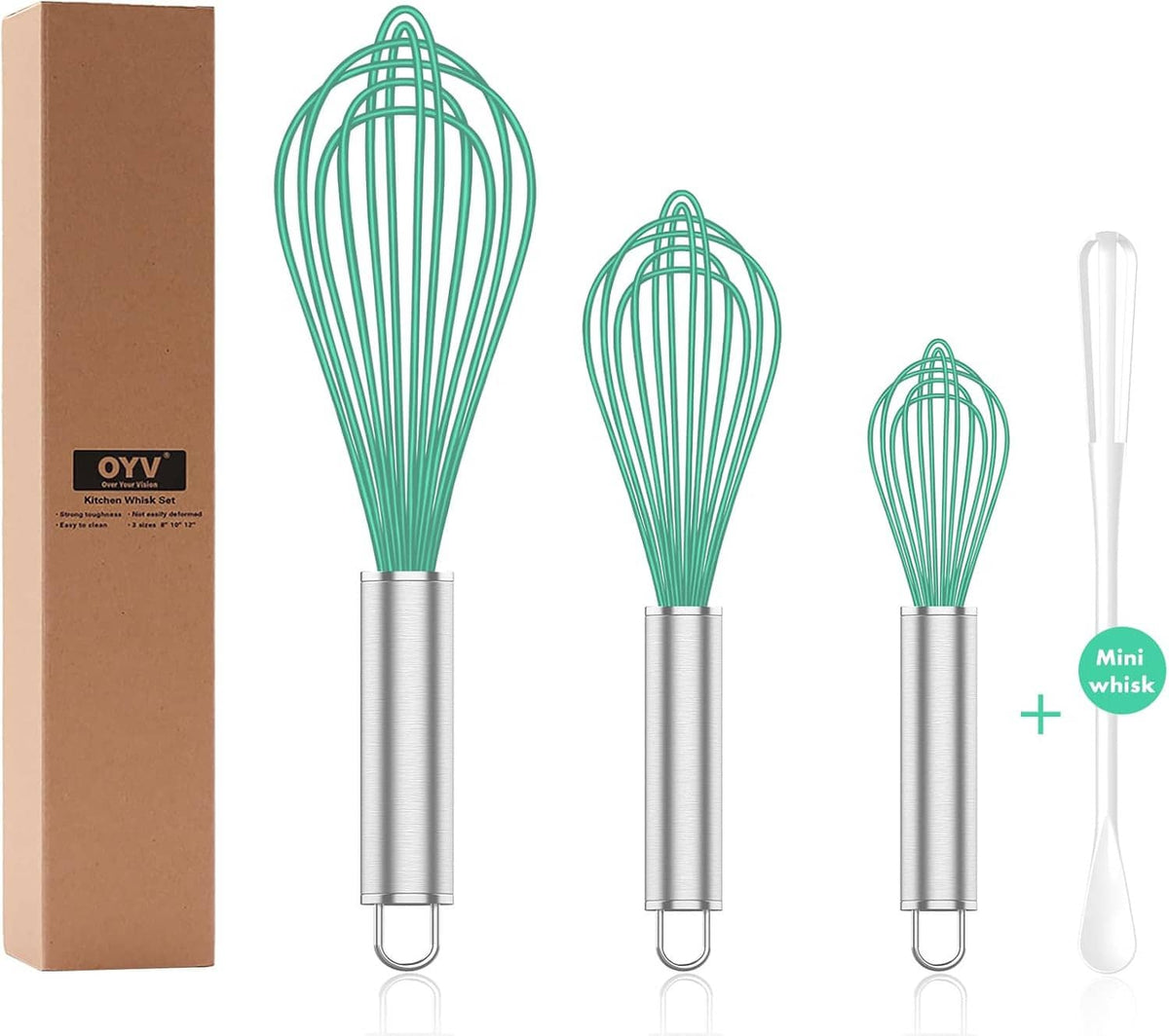 Set of three teal silicone whisks with stainless handles and matching mini whisk