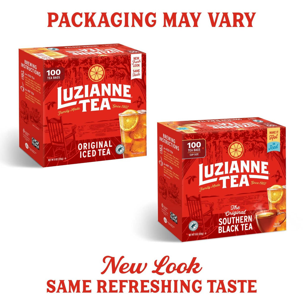 Luzianne iced tea bag box, 100 count, Southern Black Tea, two views
