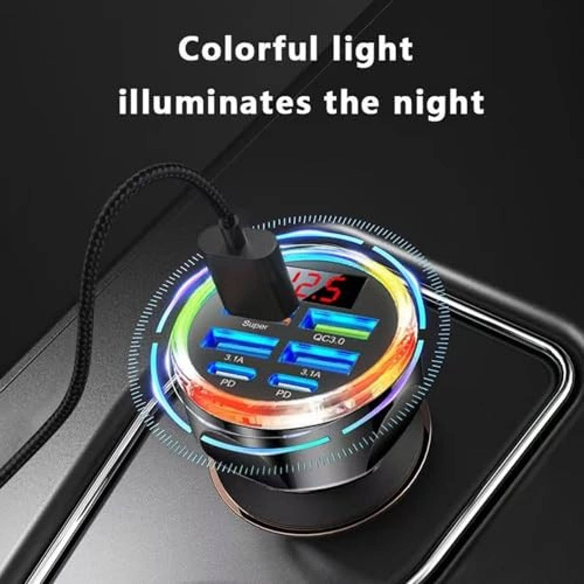 USB-C car phone charger adapter with illuminated voltage display ring