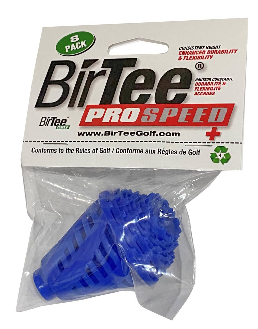 Blue BirTee PRO Speed golf tees, 8-pack in clear plastic bag