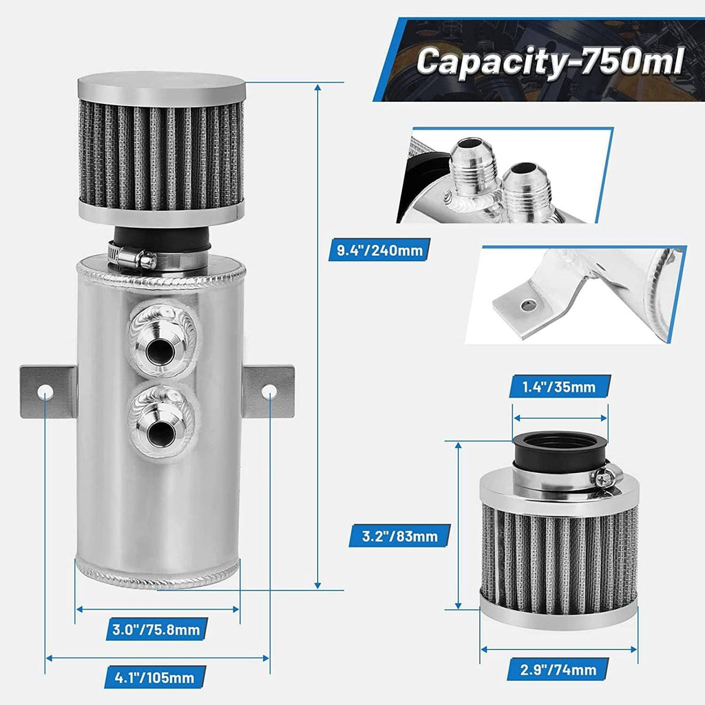 Aluminum oil catch can reservoir with breather filter, mounting bracket, and two ports