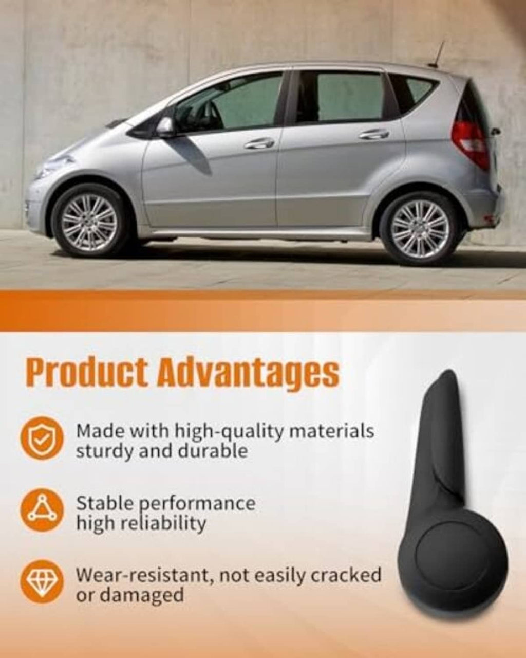 Black seat height adjustment handle with round knob end, positioned near car interior view