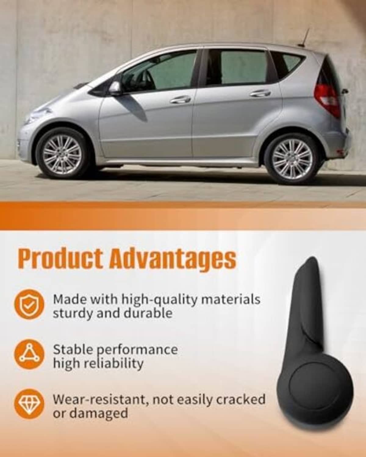 Black seat height adjustment handle with round knob end, positioned near car interior view