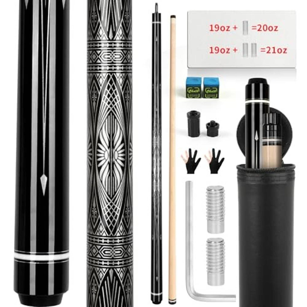 Pool cue stick set with patterned grip sleeve, black shafts, and protective storage case