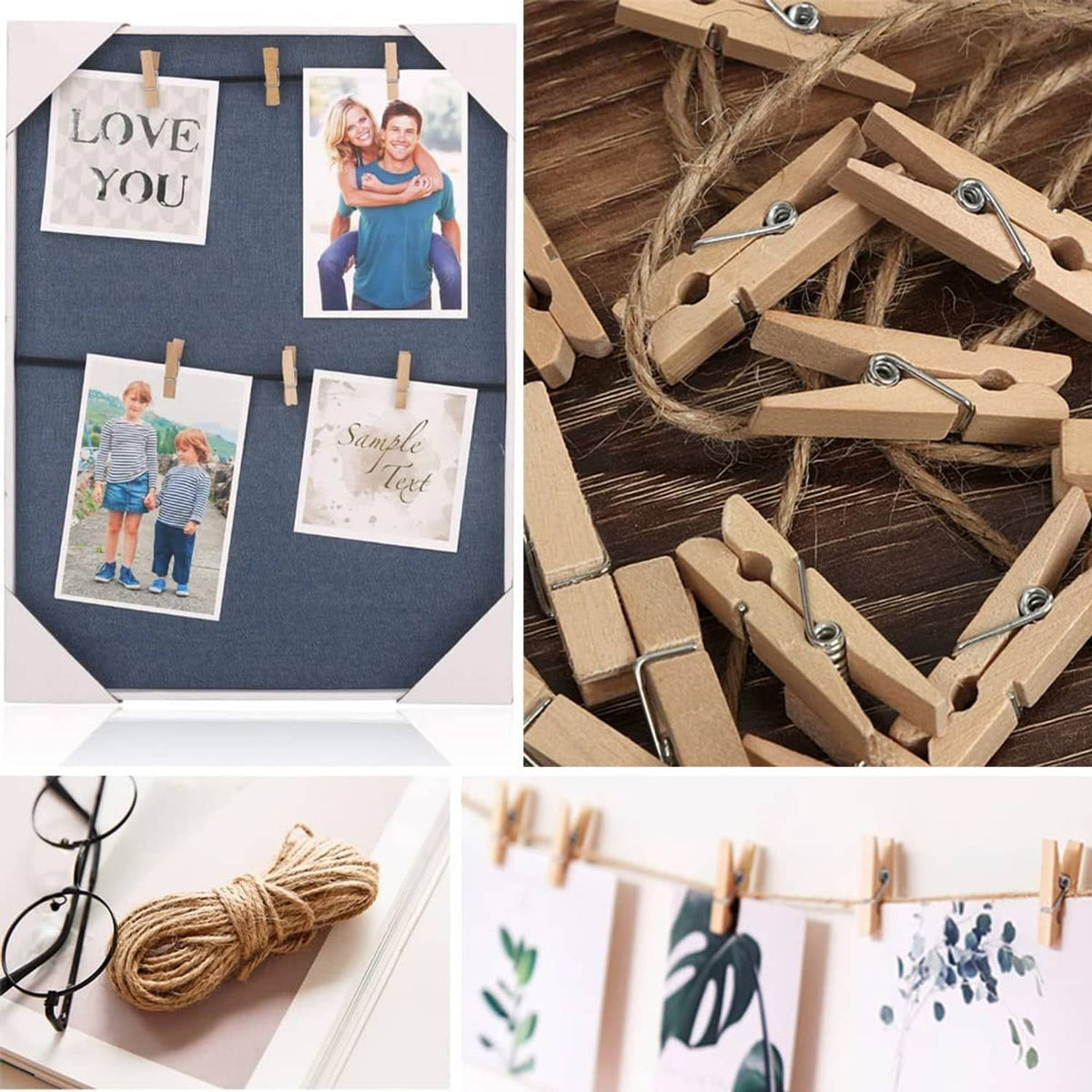 Wooden mini photo clothes pins clipped on a board and piled together