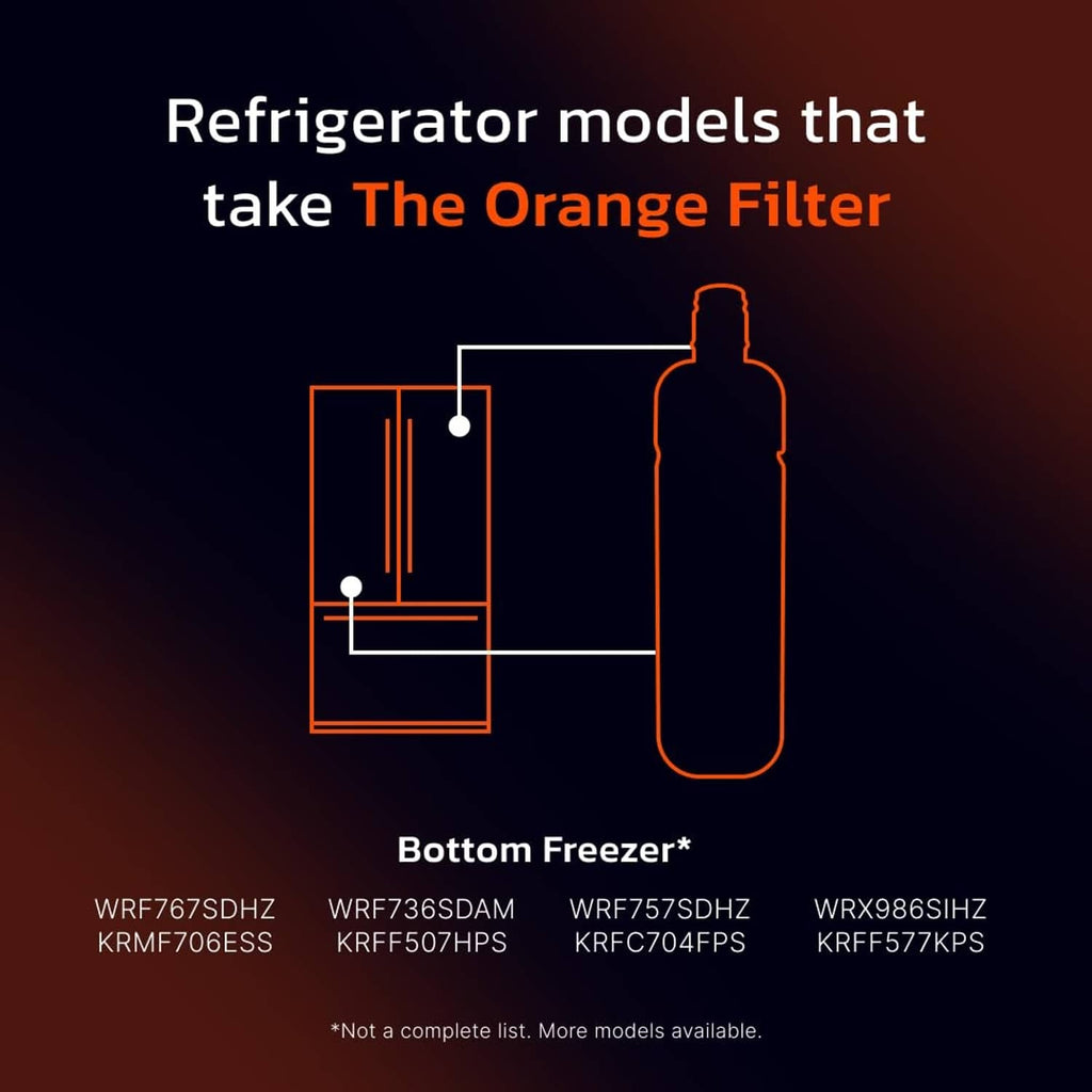 Refrigerator water filter schematic featuring The Orange Filter bottle outline