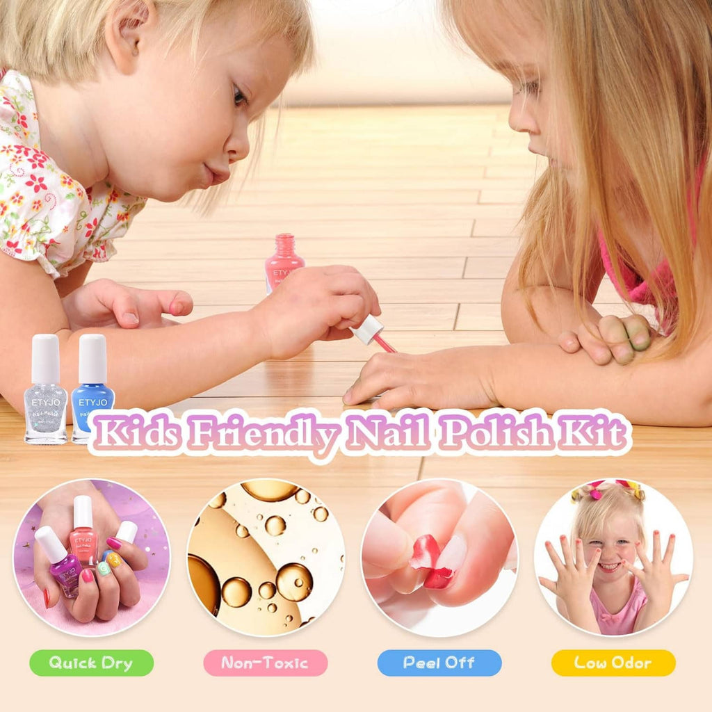 Kids nail polish kit with small bottles and child and adult applying nail color