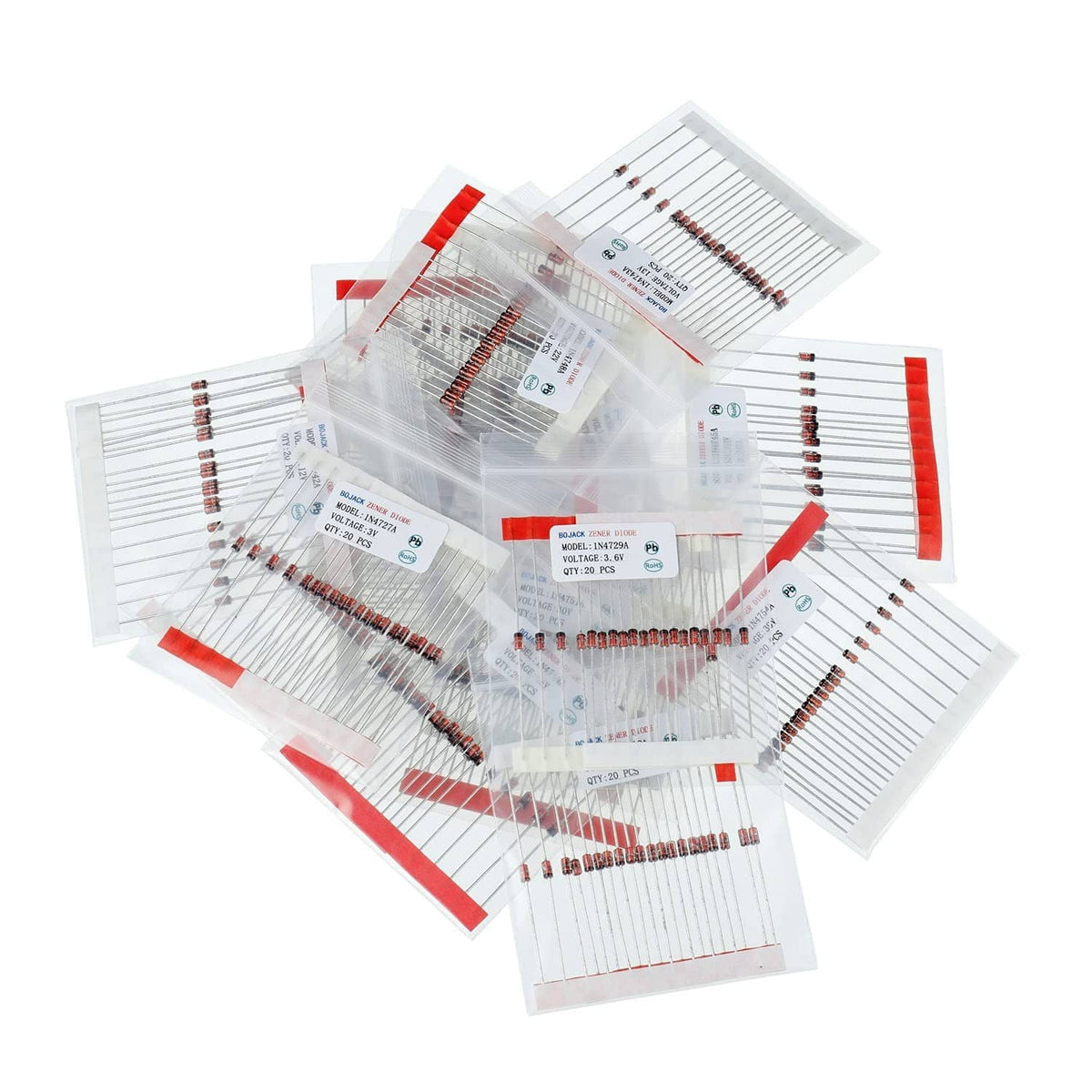 Zener diode assortment kit contents, multiple 1W diode strips with small labels