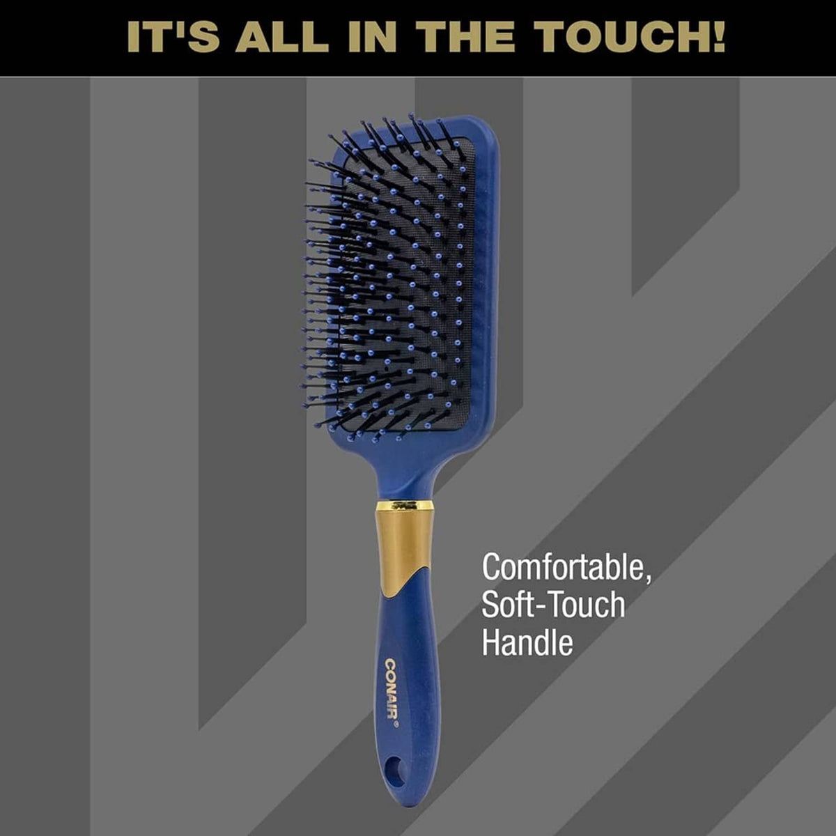 Blue soft-touch handle paddle hair brush with cushioned base and ball-tipped nylon bristles