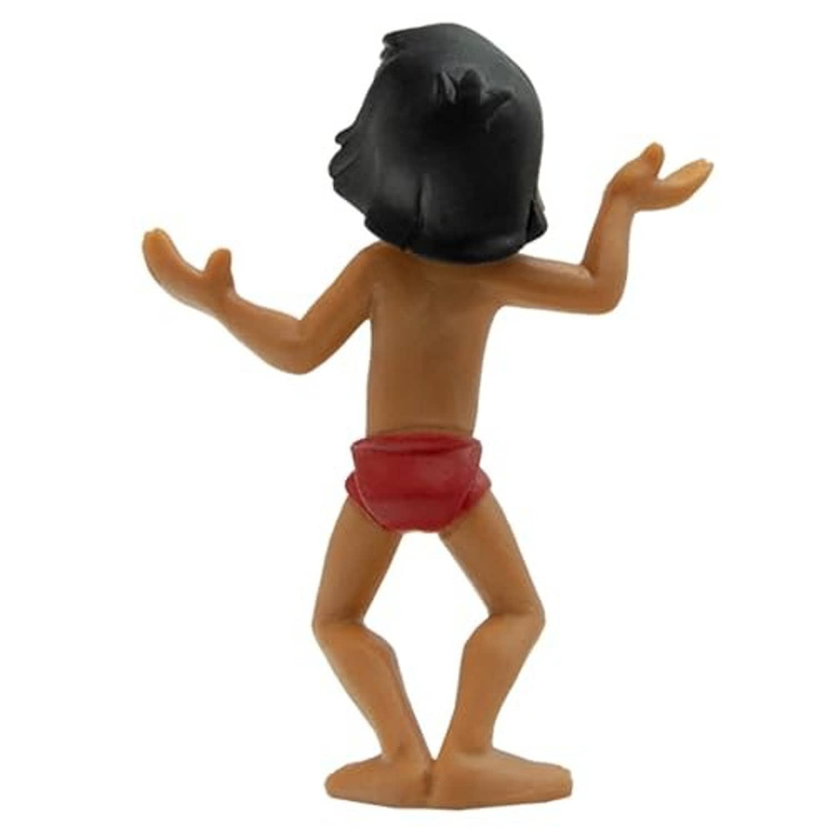 Mowgli hand-painted toy figurine three-quarter view, black hair, red shorts, arms extended