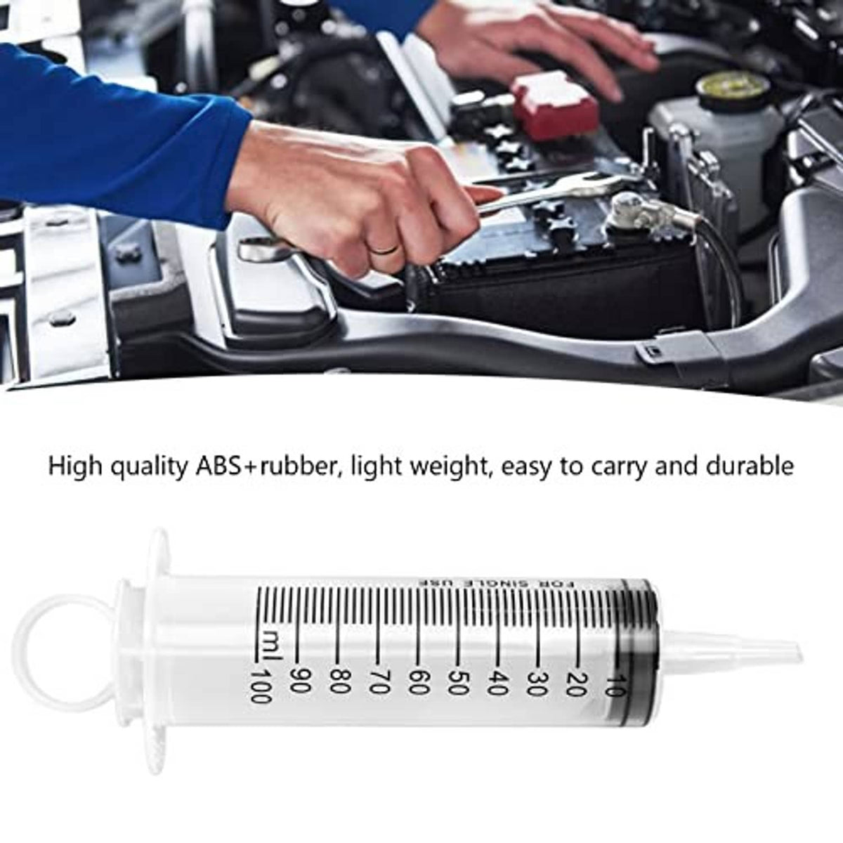 Hydraulic brake bleeder syringe with measurement markings shown with kit for vehicle use