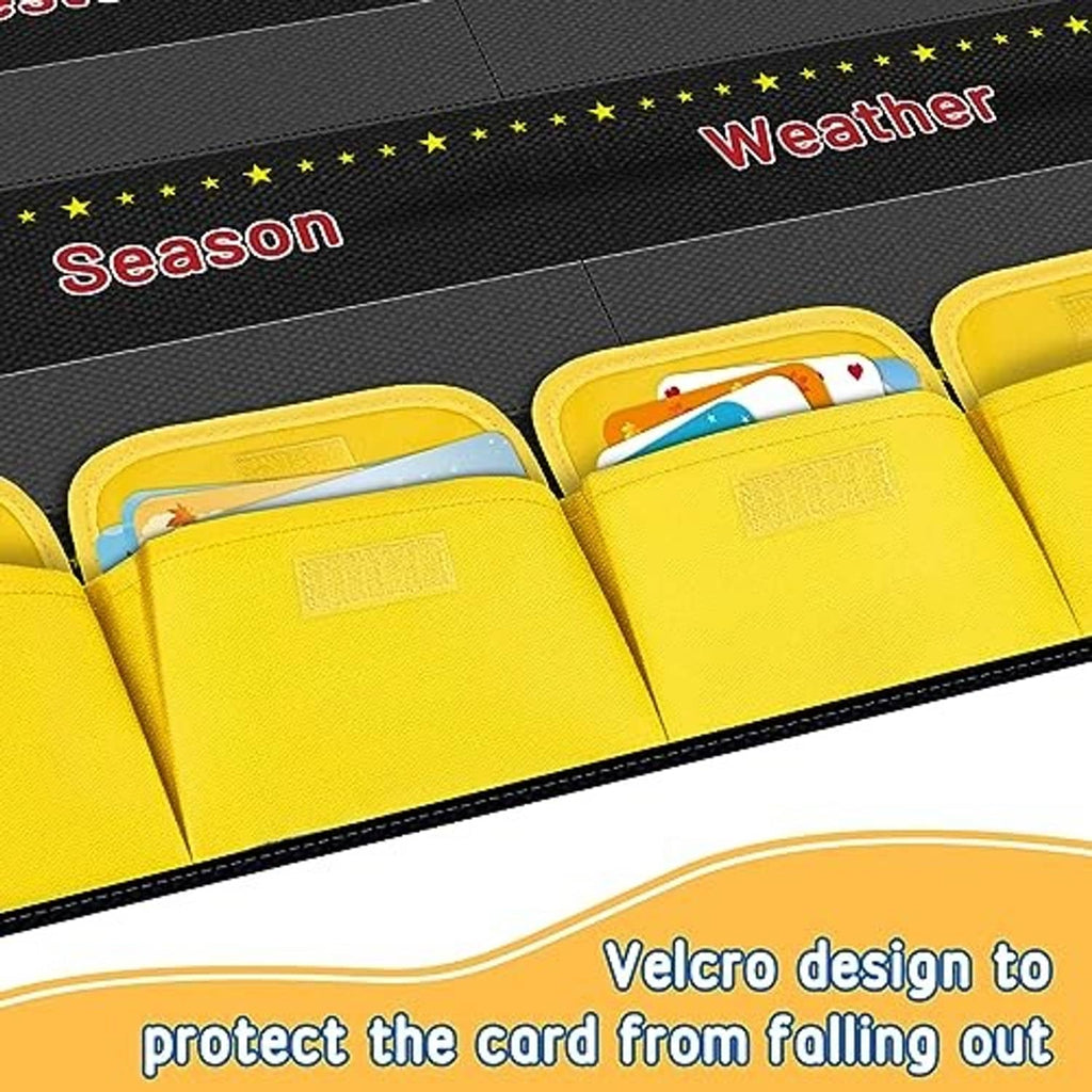 Black pocket chart section with bright yellow storage pockets