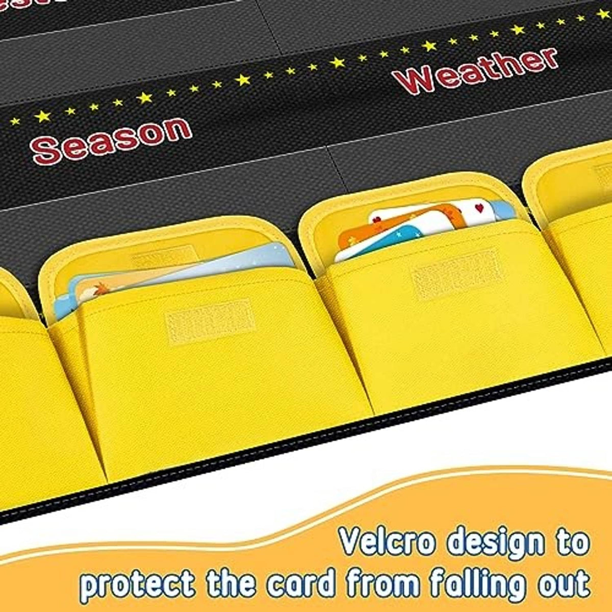 Black pocket chart section with bright yellow storage pockets