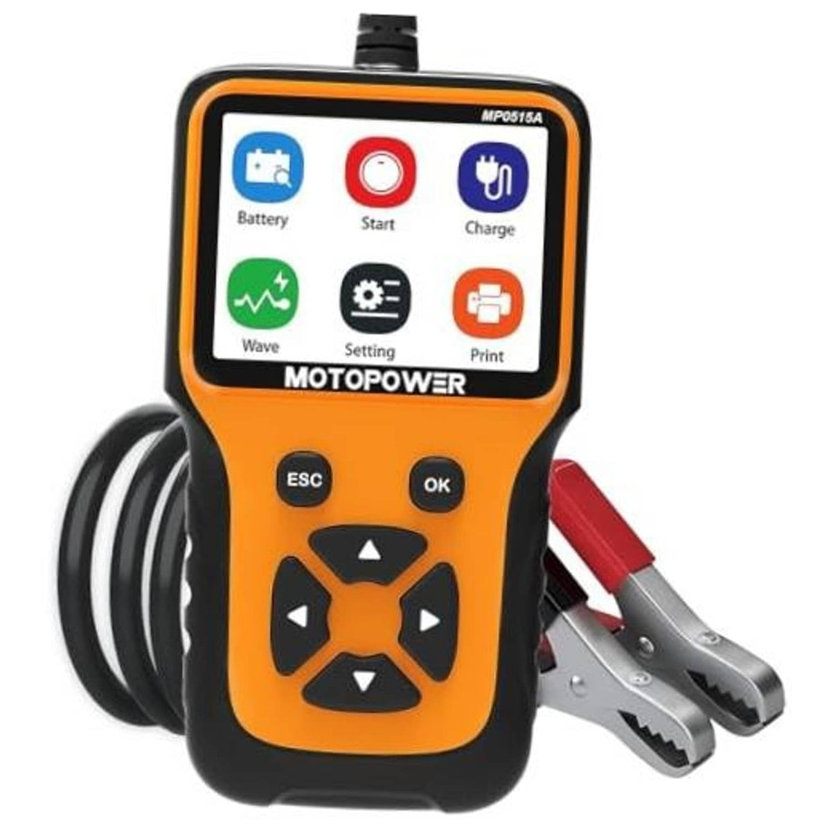 Car battery tester with orange/black handheld body, clamp leads, and battery screen icons
