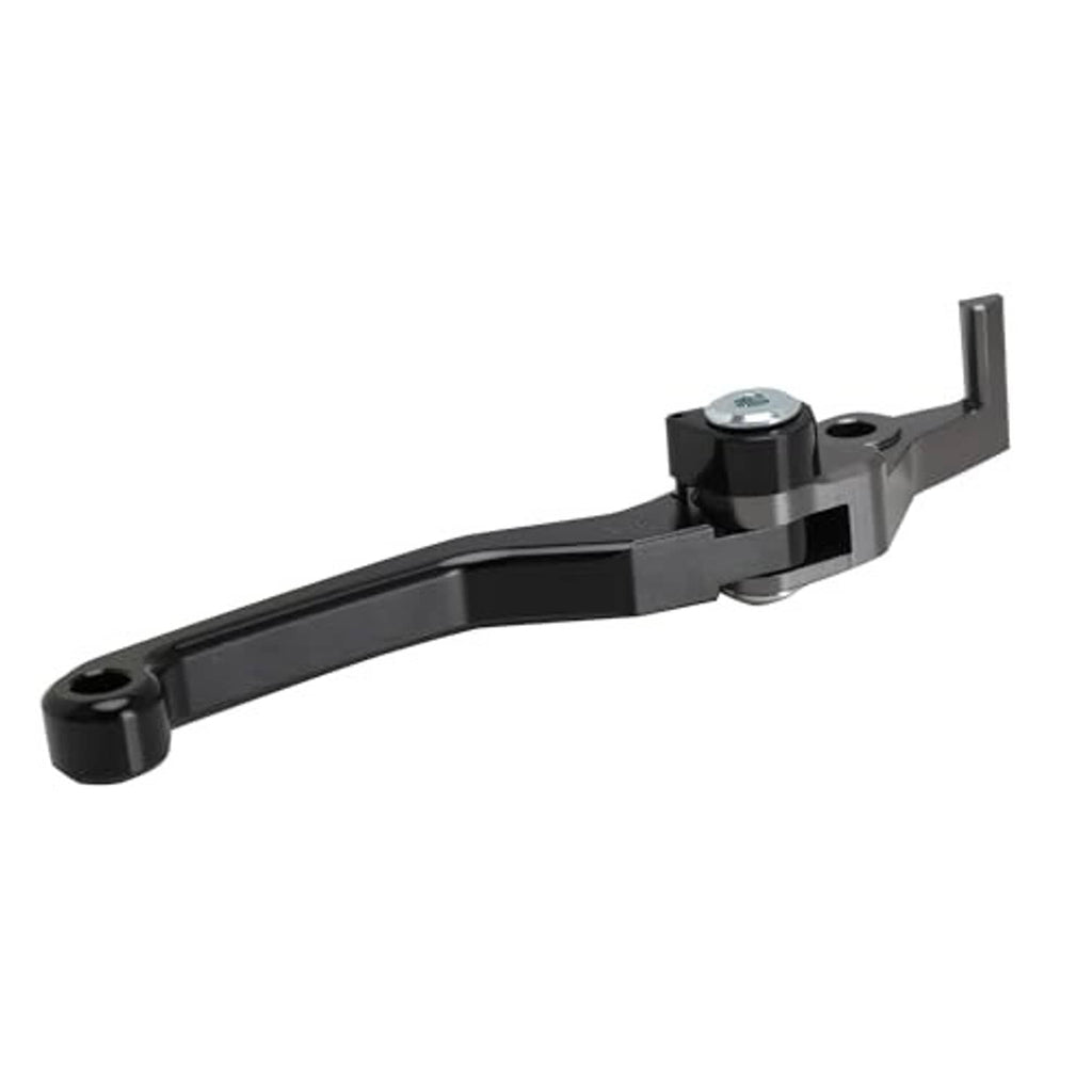 Black adjustable brake lever with pivot pin and mounting hole