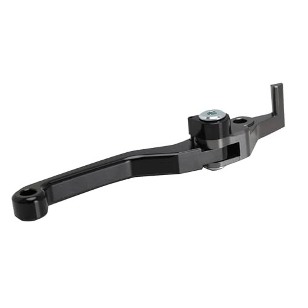 Black adjustable brake lever with pivot pin and mounting hole