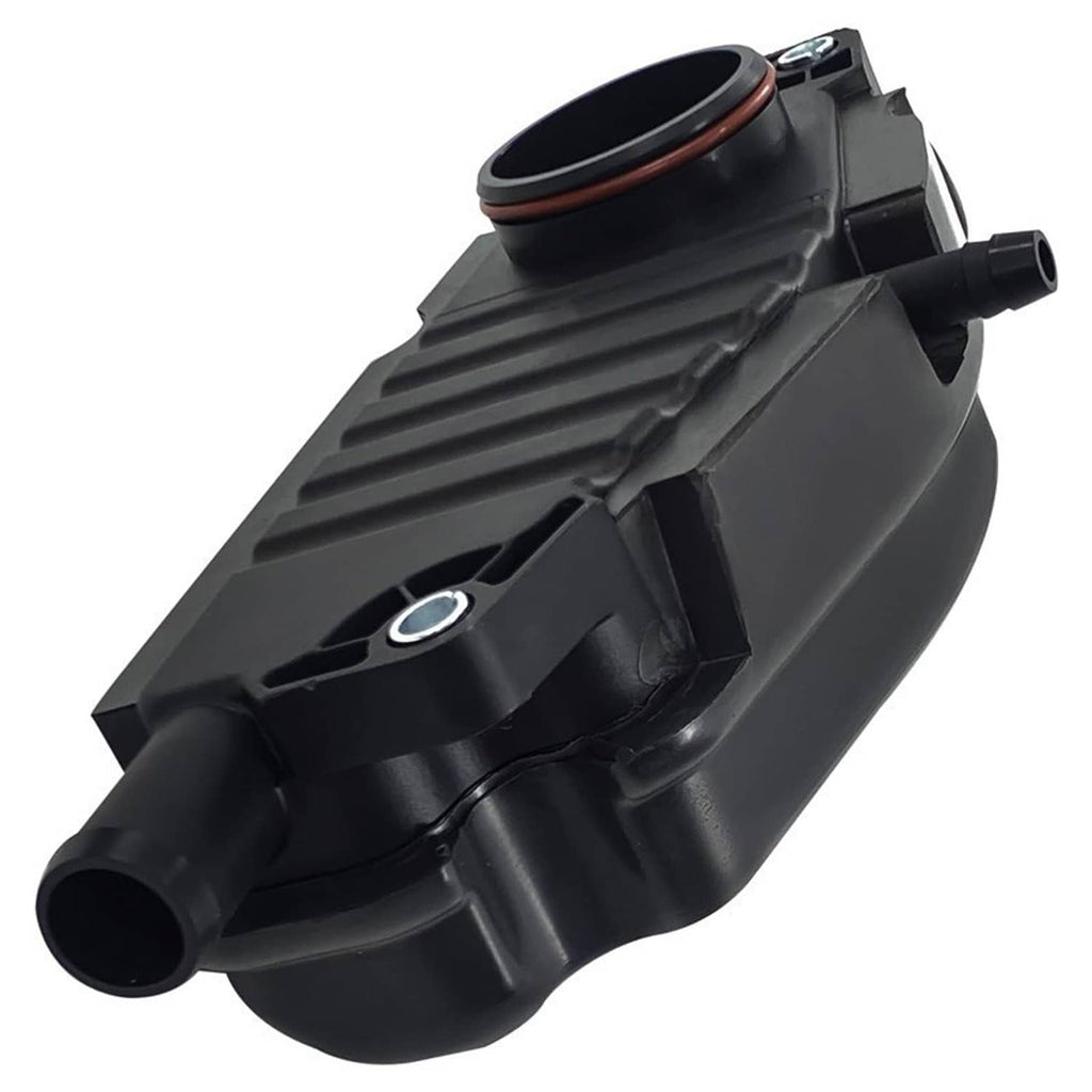 Black crankcase breather valve housing with circular top and side outlet