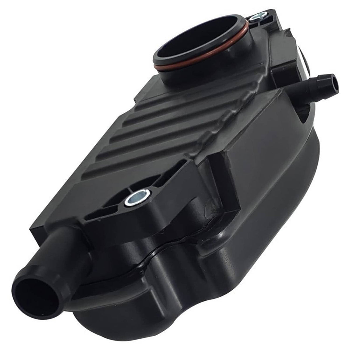 Black crankcase breather valve housing with circular top and side outlet