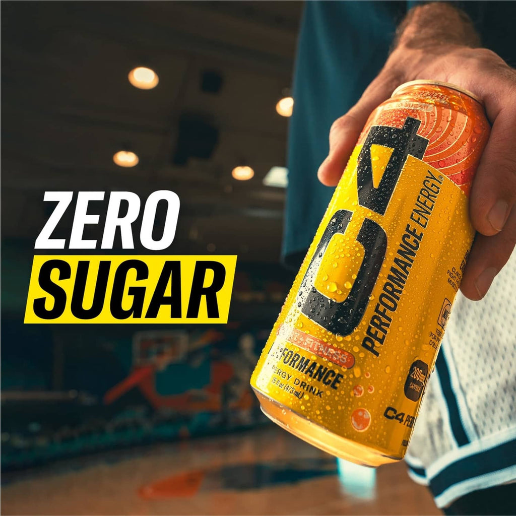 C4 Performance zero sugar energy drink can close-up