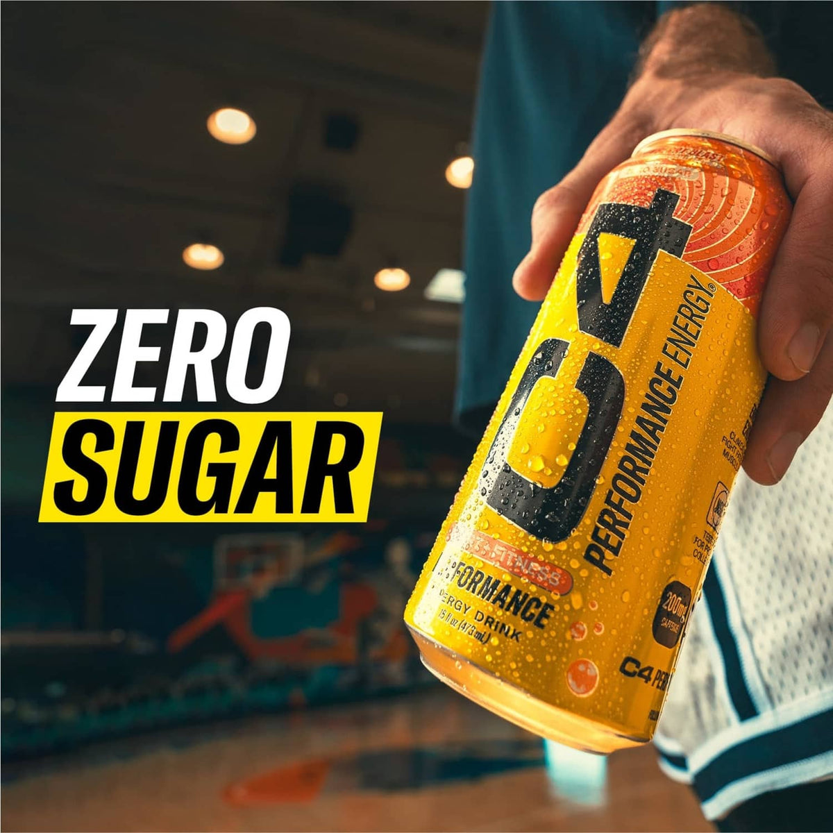 C4 Performance zero sugar energy drink can close-up