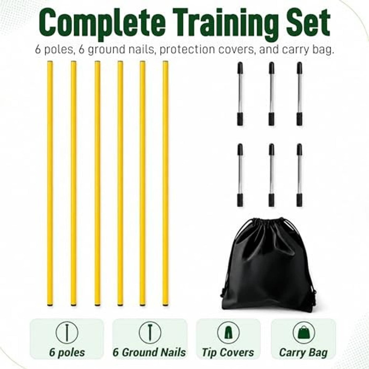 Complete soccer agility training set: yellow poles, ground nails, tip covers, carry bag