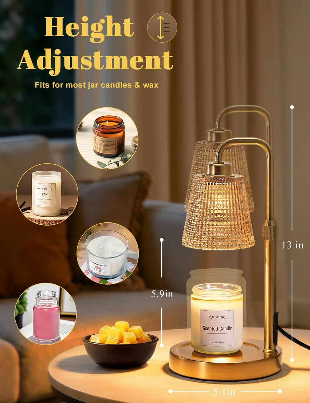 Gold candle warmer lamp with amber shade and jar candle on base with height marks