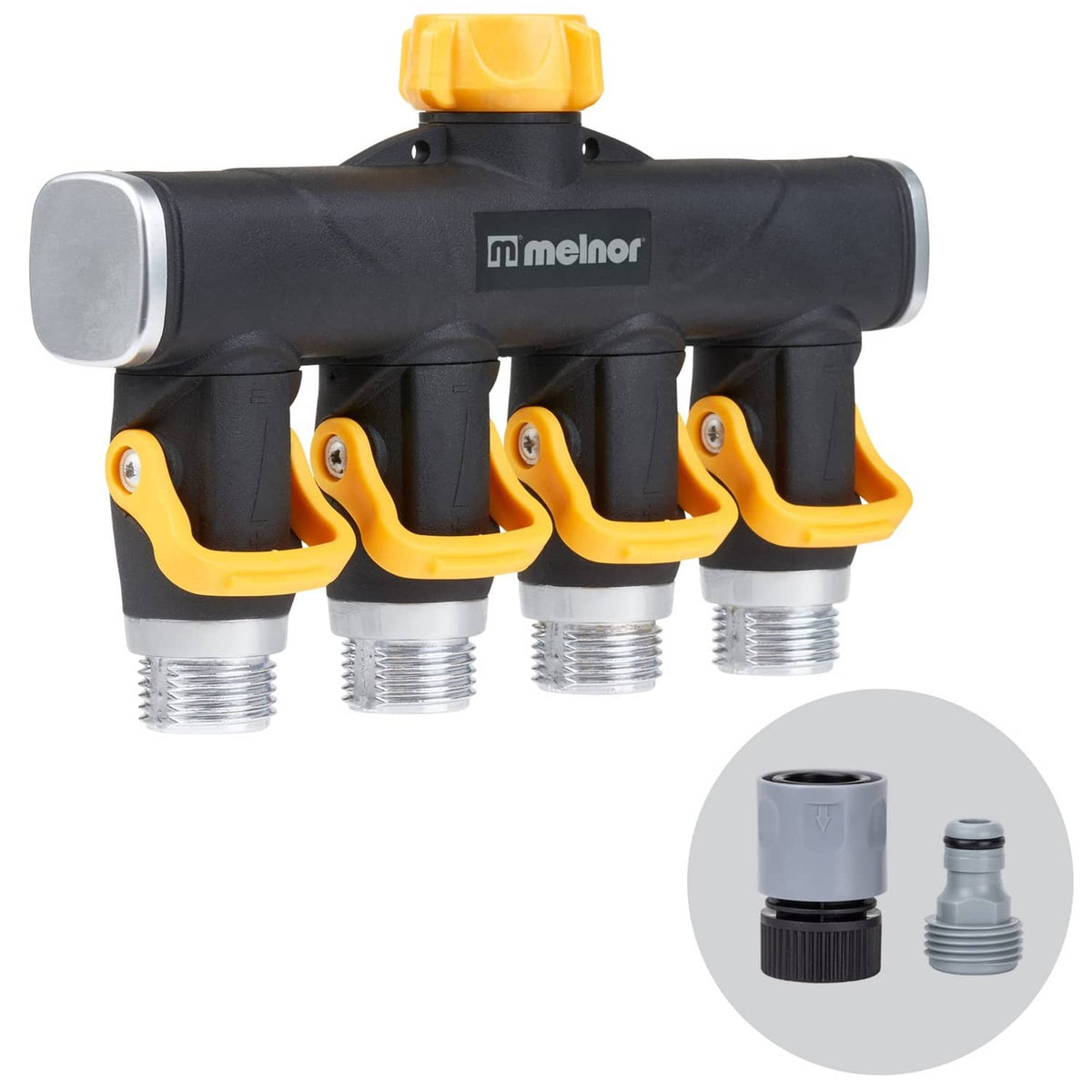 4-way lever water flow valve splitter with black manifold and yellow control levers