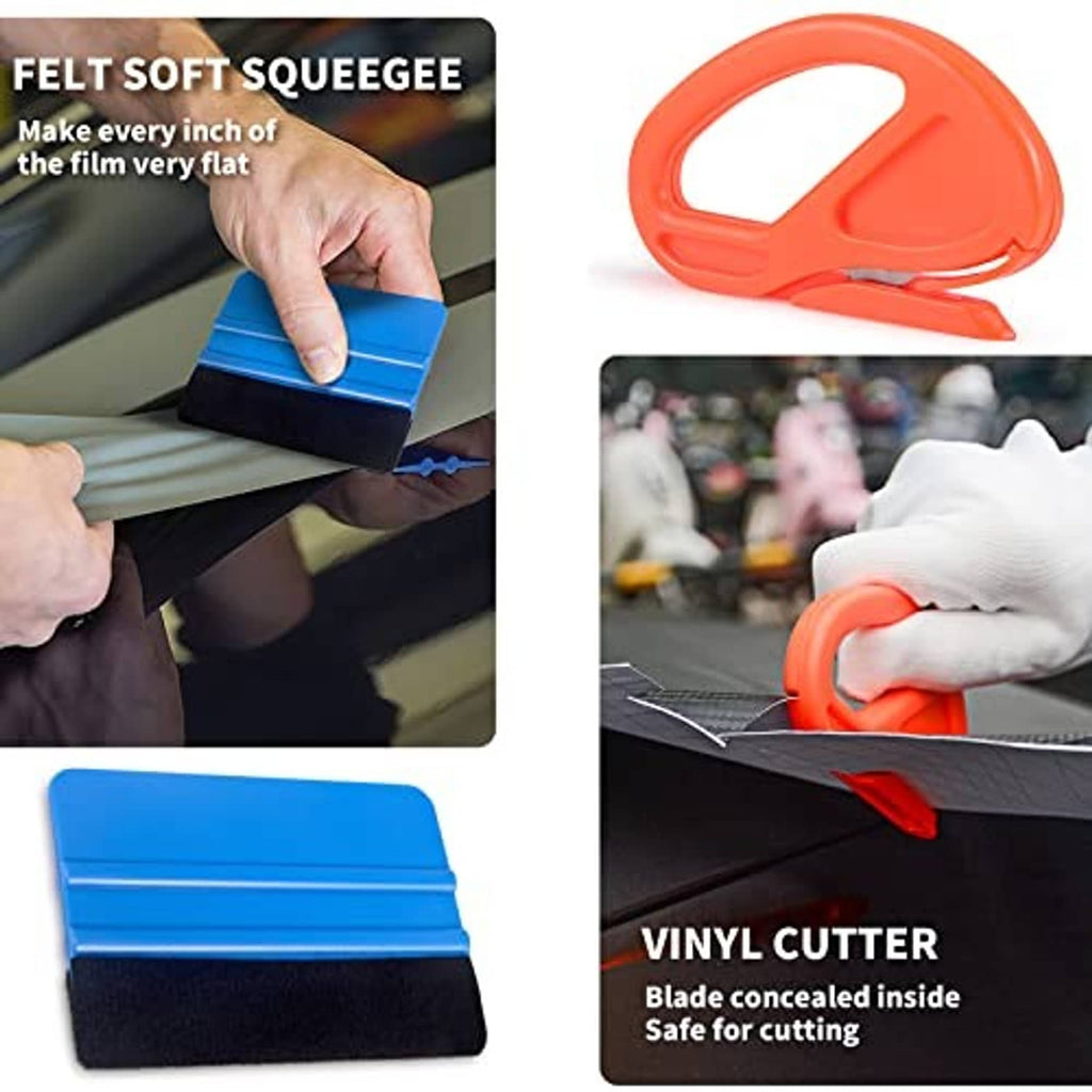 Vehicle vinyl wrap tool kit featuring orange vinyl cutter and blue felt squeegee block