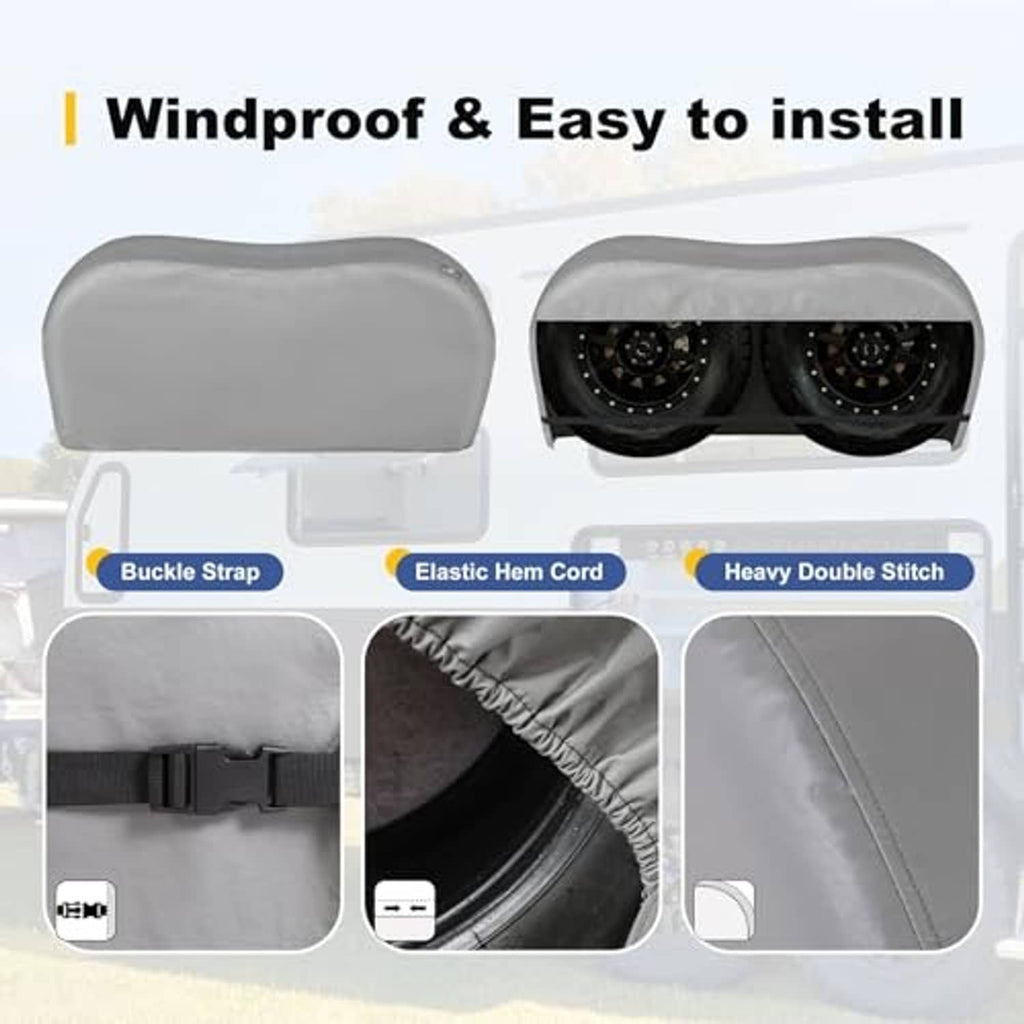 Gray dual axle tire cover with buckle strap and elastic hem cord along edge