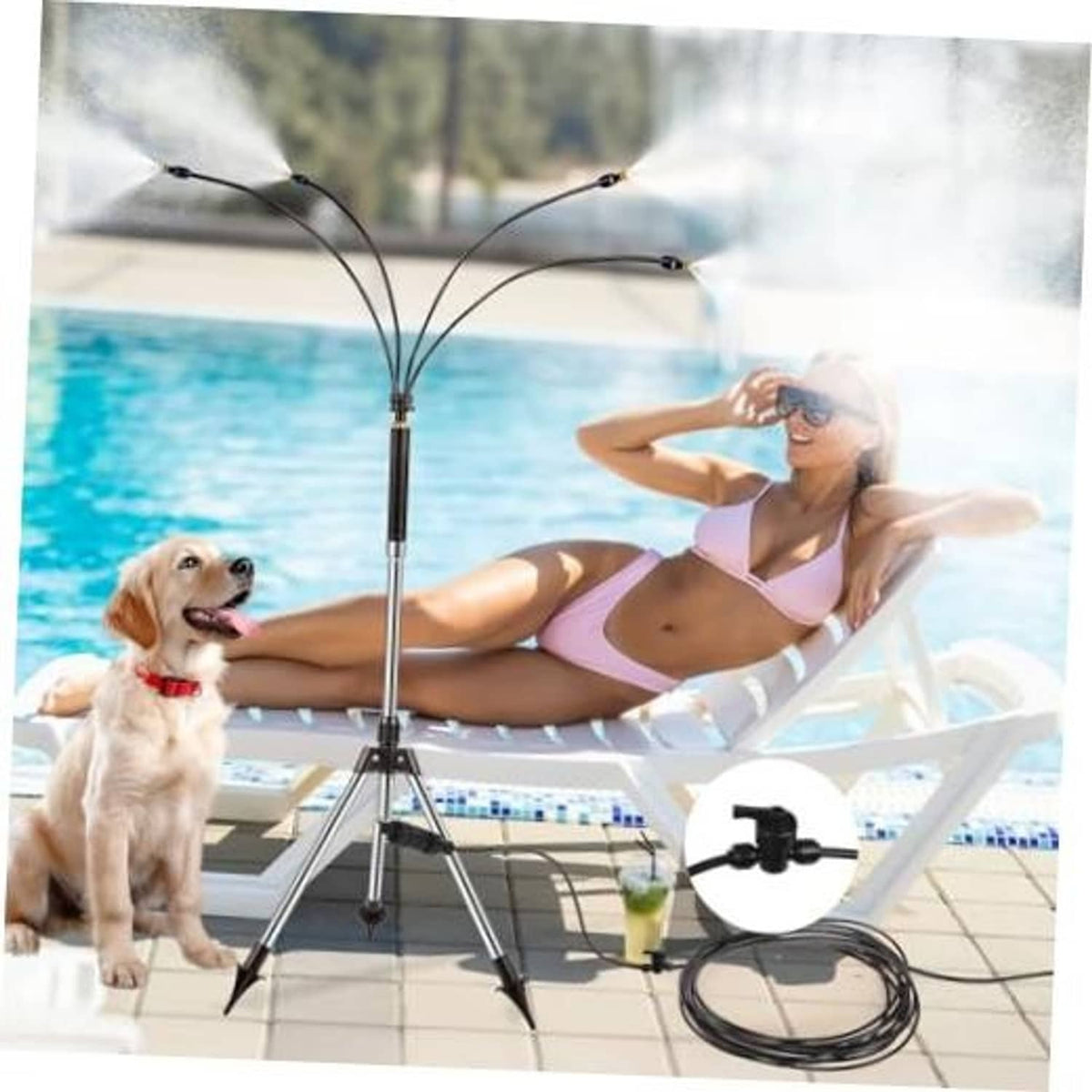 Outdoor standing patio misting tower with five adjustable spray arms and tripod base.
