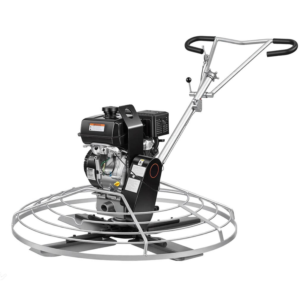 Gas concrete power trowel front view with engine housing and round steel float pan