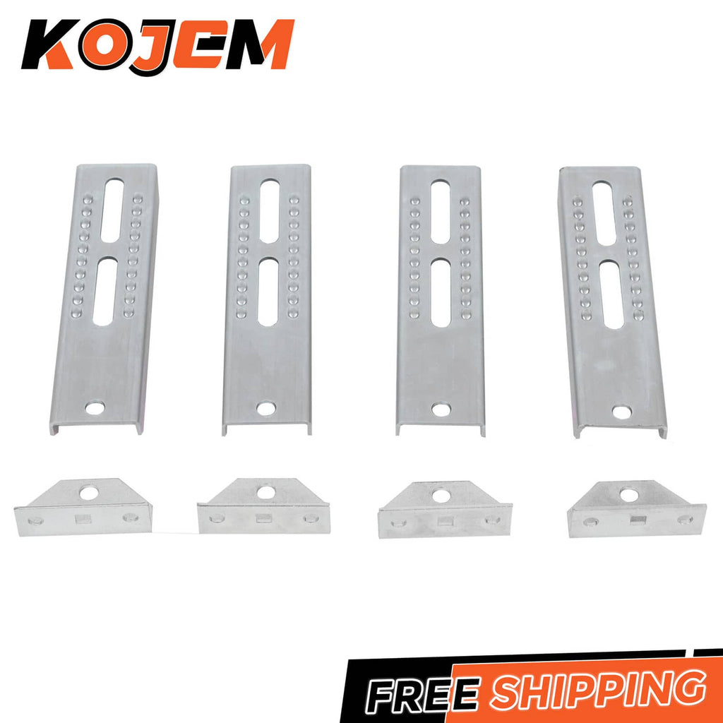 Adjustable bunk board brackets, silver U-channel plates with central slot rows and bottom holes