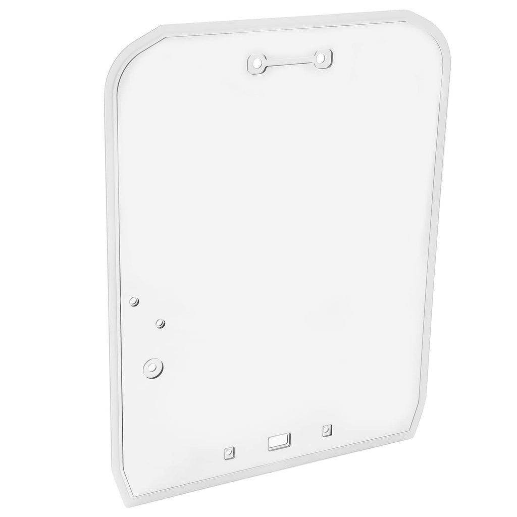 Skid steer door glass window panel, clear plastic with mounting holes and latch slot