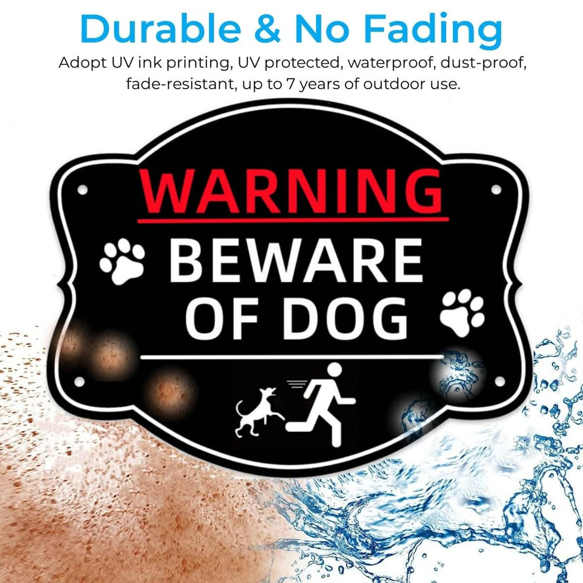 Black warning sign “WARNING BEWARE OF DOG” with paw prints, outdoor durability graphic
