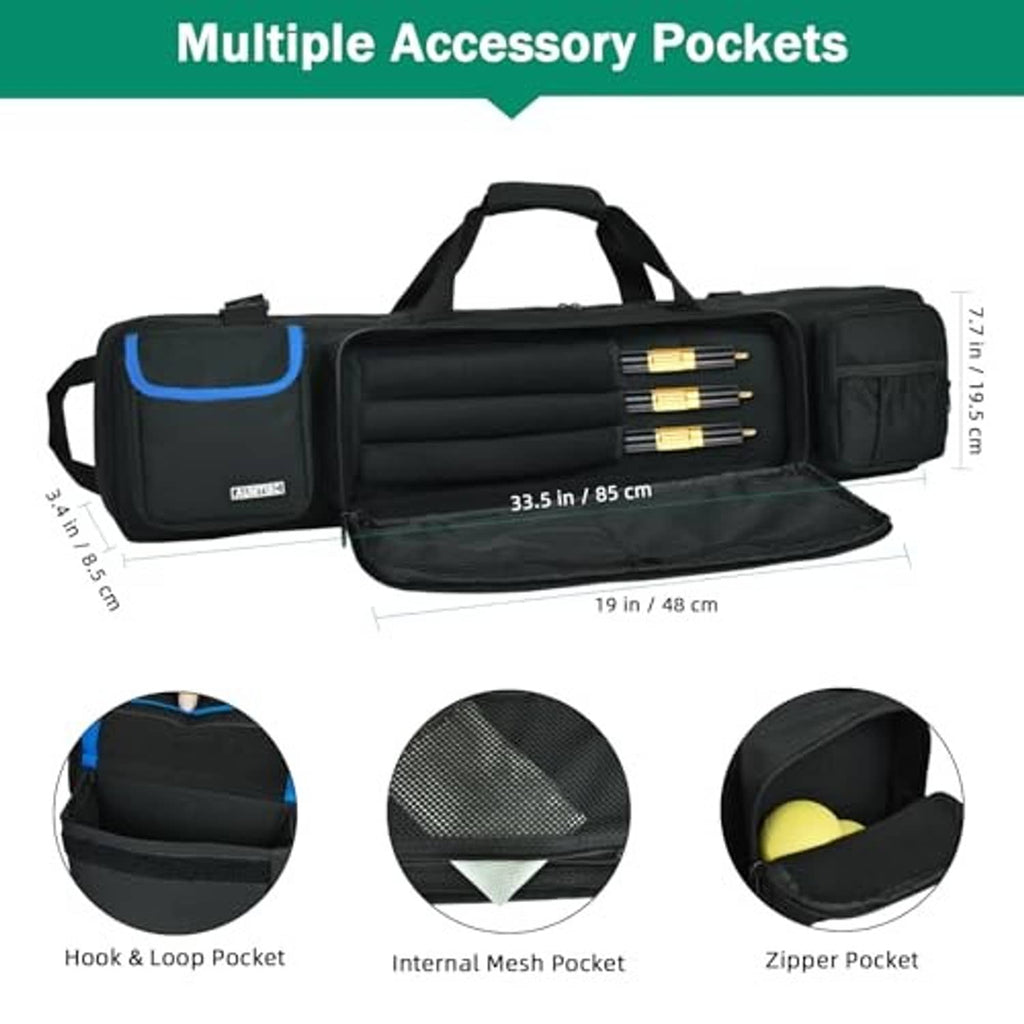 Black pool cue case with blue trim, open storage, and multiple accessory pockets