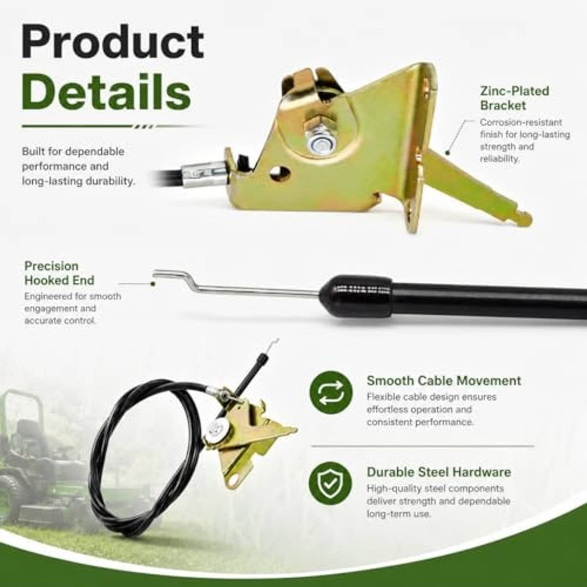 Throttle control cable details showing yellow-green zinc-plated bracket and black housing