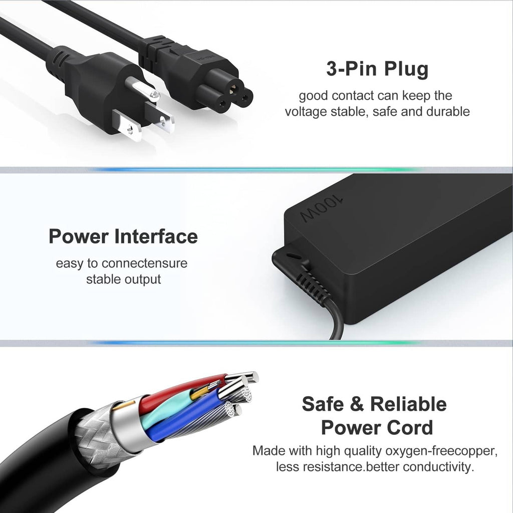 Black 100W charger adapter with 3-pin plug and USB cable