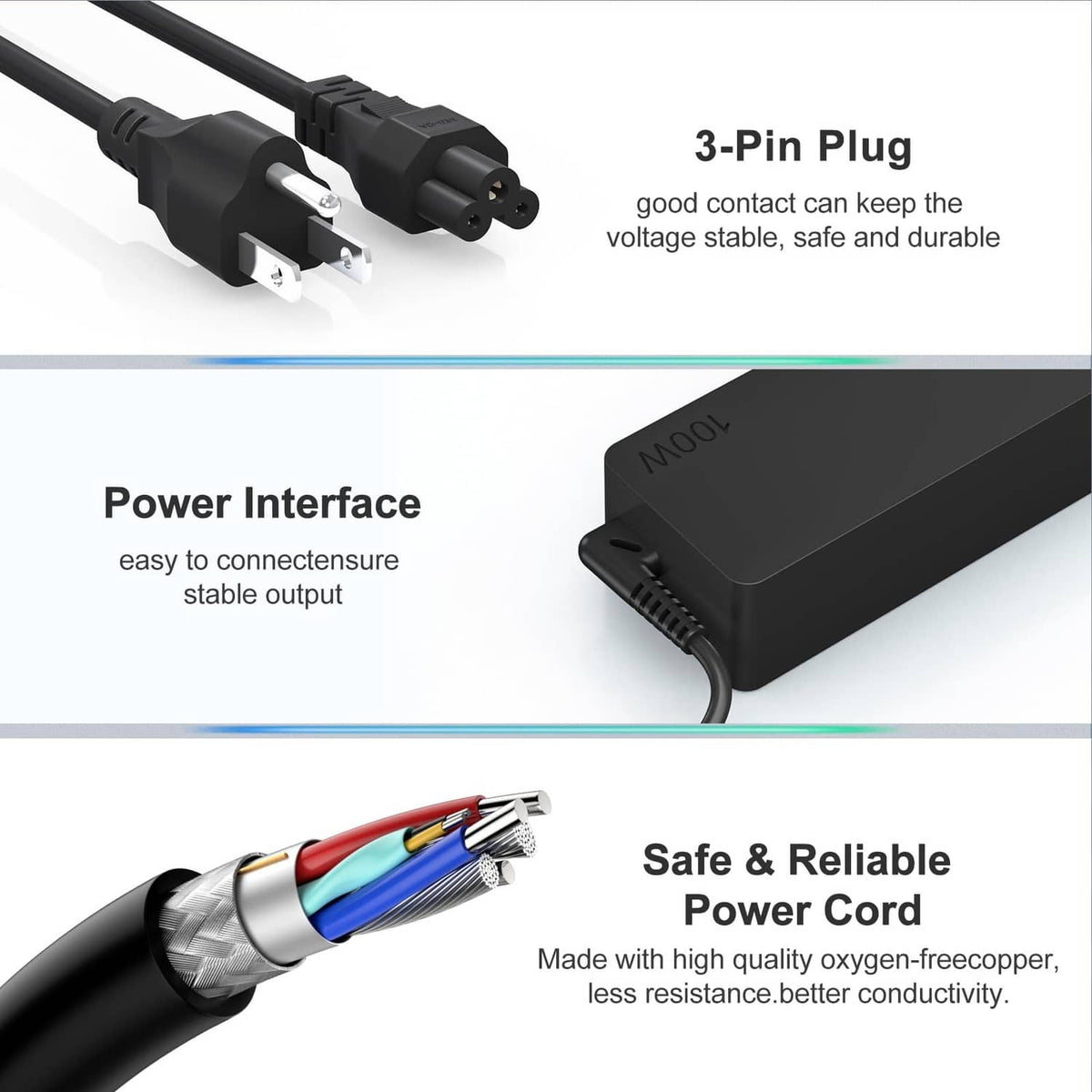 Black 100W charger adapter with 3-pin plug and USB cable