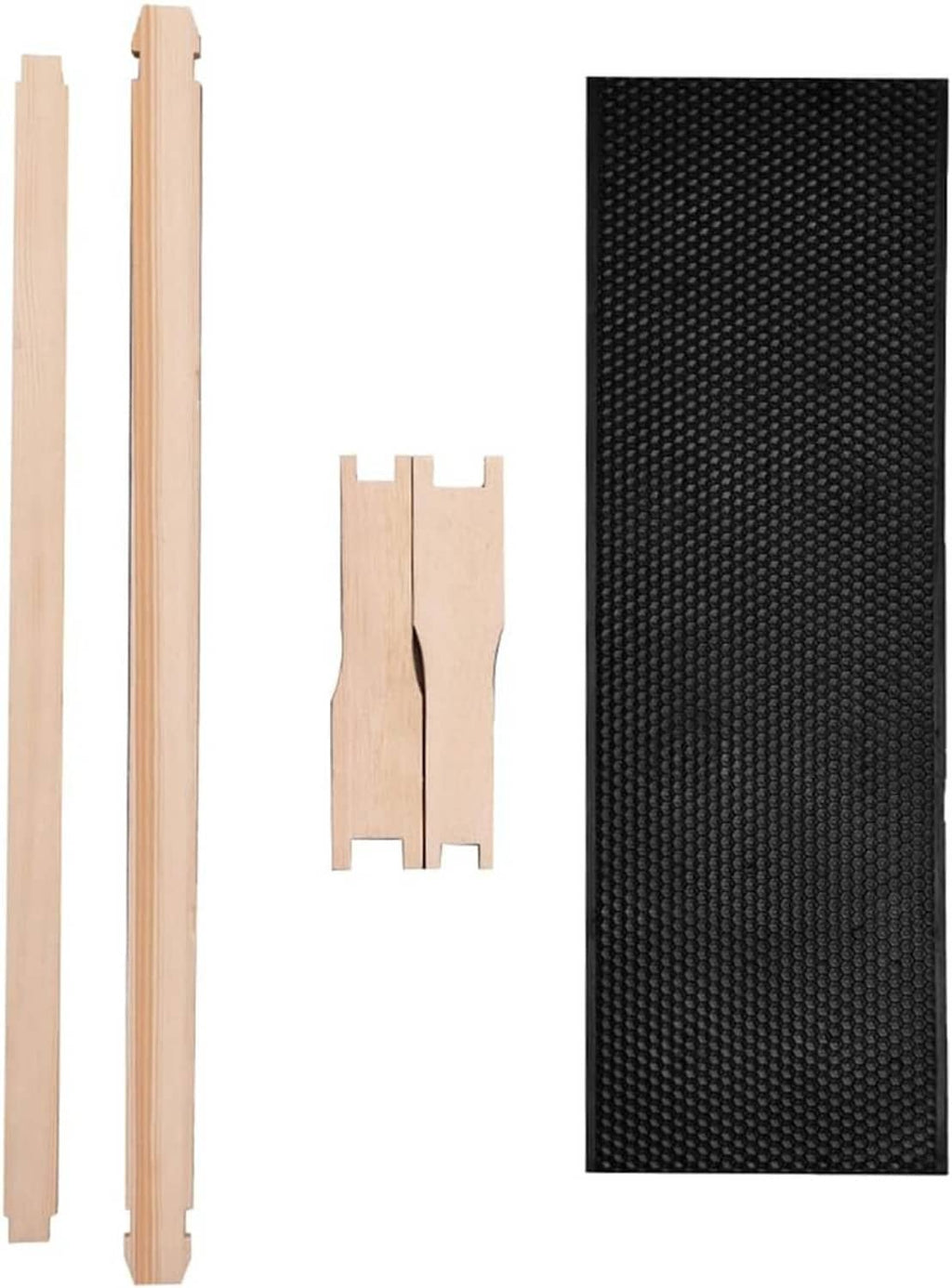 Medium beehive frame parts with dark honeycomb foundation sheet and light wooden slats