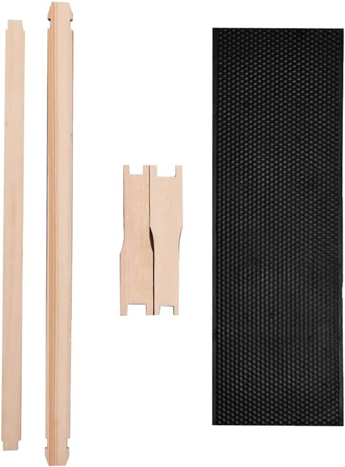 Medium beehive frame parts with dark honeycomb foundation sheet and light wooden slats