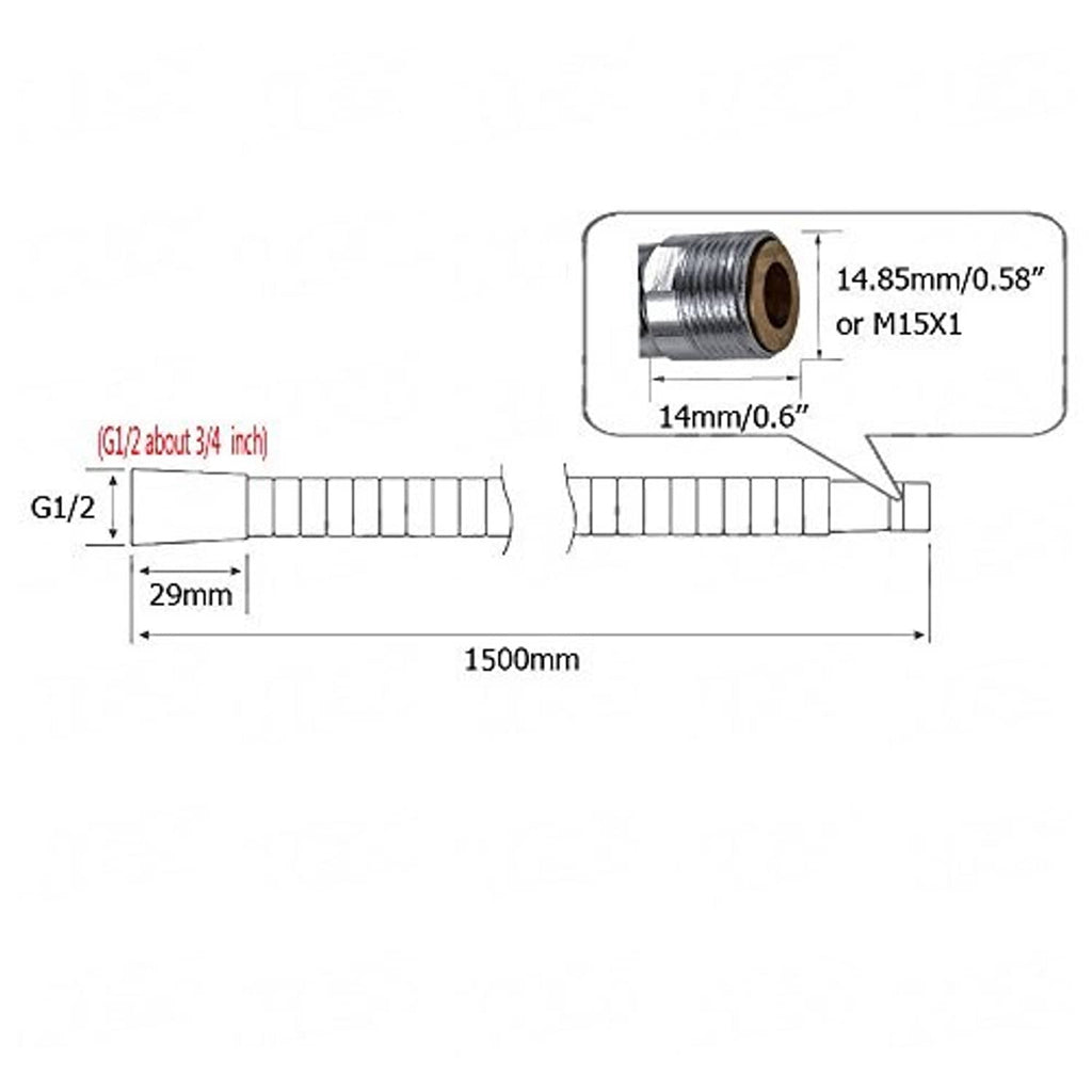 Pull-down faucet hose with G1/2 ends and measured length, showing thread sizes and fit.