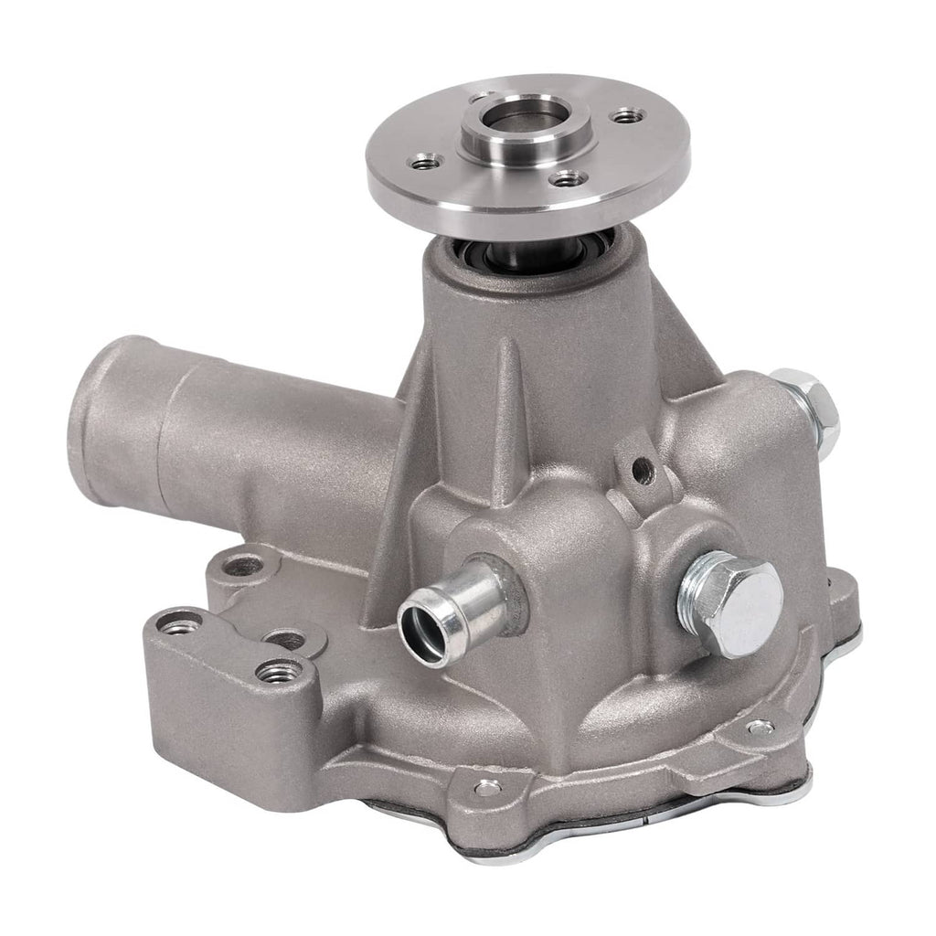 Water pump assembly with circular mounting flange and metal housing, inlet and outlet ports