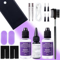 UV lamp hair extension kit: UV board, glue bottles, needles, clips, brush, and extension tabs