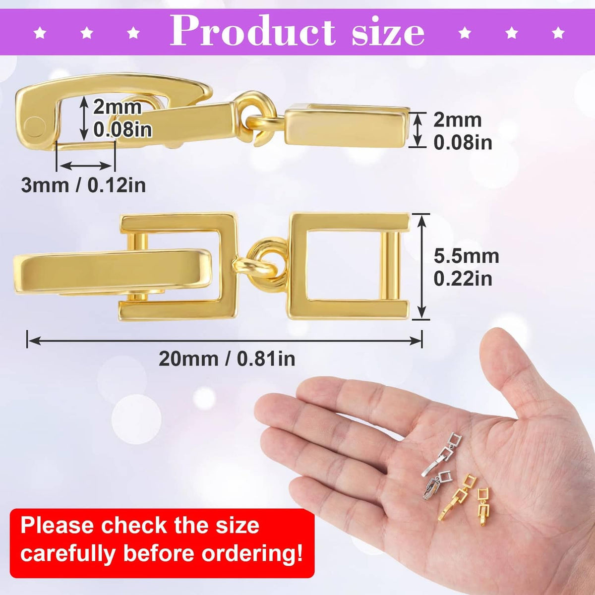 Gold fold-over clasp extender links with chain shown with dimensions