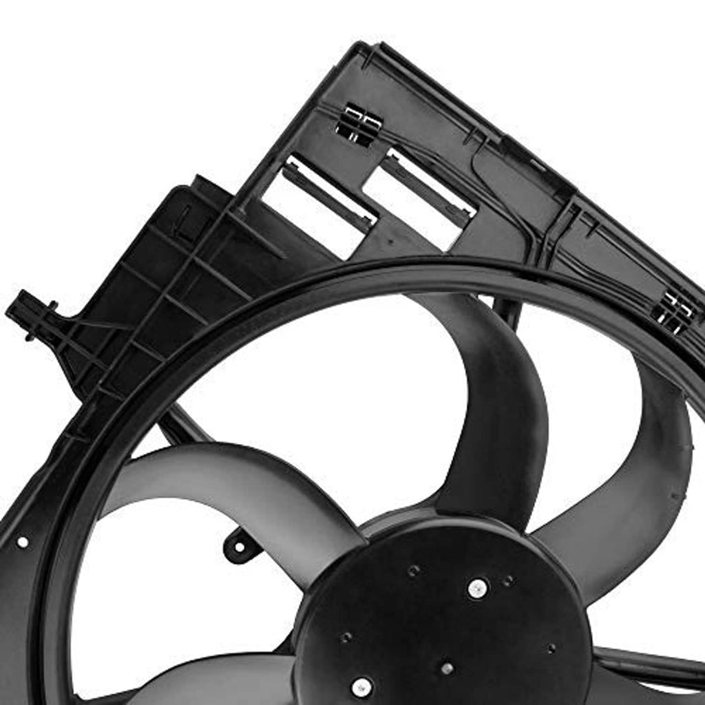 Radiator cooling fan assembly showing black fan hub and fan shroud edge