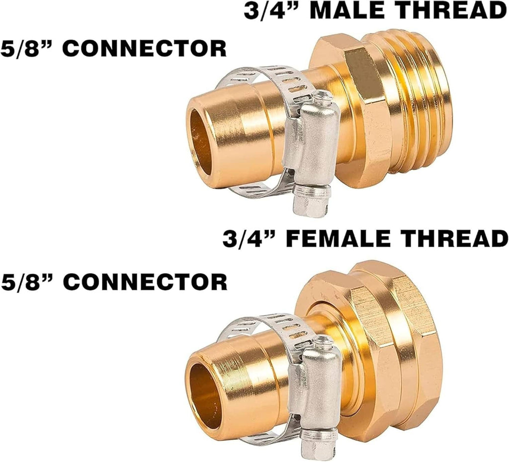 Garden hose repair connector with metal clamp and threaded ends, brass/gold