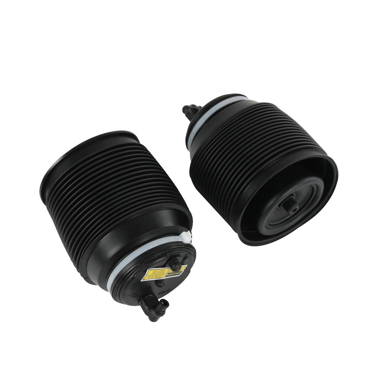 Black air suspension spring bags angled view, showing underside fittings and base ports.