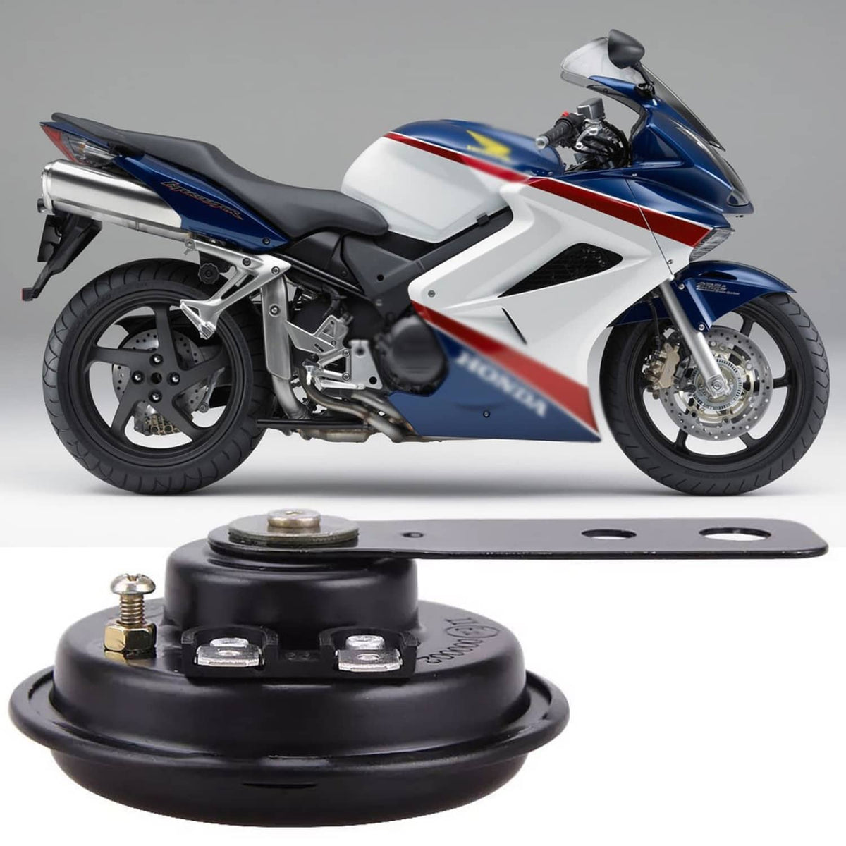 Black 12V electric horn with base plate and mounting holes, circular front housing.