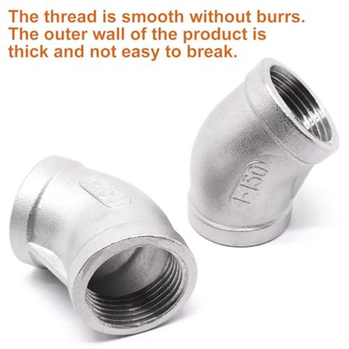 Stainless steel 45° elbow with smooth female NPT thread ends, 2-pack.