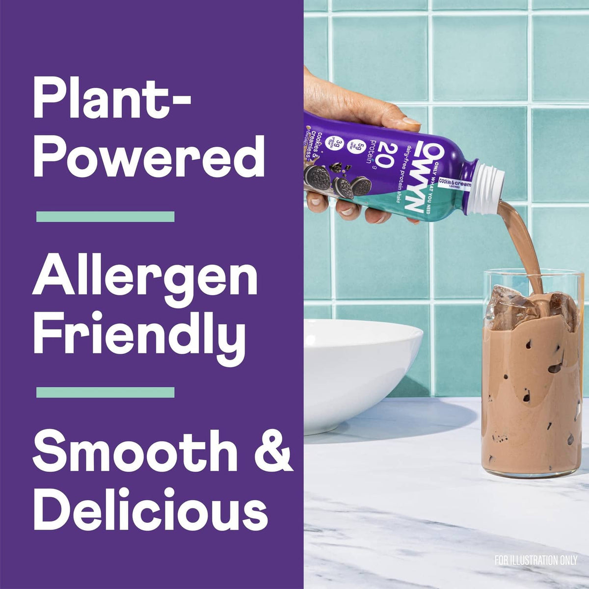 OWYN dairy-free protein shake bottle with plant-powered allergen-friendly label